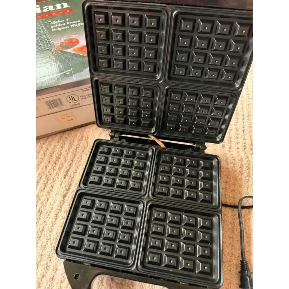 Salton Belgian Waffle Maker WM9BEL 4 Piece Nonstick w Box Manual Tested (1996)
